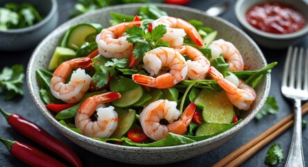 Spicy Salad With Raw Shrimp featuring fresh vegetables and empty space for text