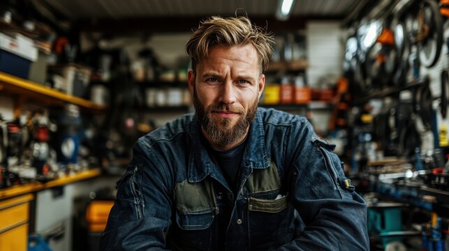 A confident bearded man stands in his cluttered workshop surrounded by tools and equipment, reflecting his craftsmanship and dedication to his trade.