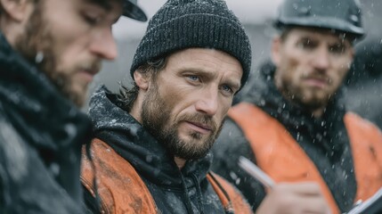 Fototapeta premium The tired but determined faces of a group of workers braving the cold and rain.