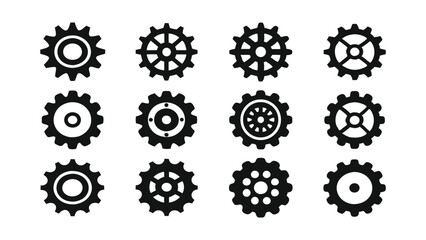 Diverse Black Vector Silhouette Icon Set of Gears for Industrial Designs, Mechanical Projects, and Technology Graphics