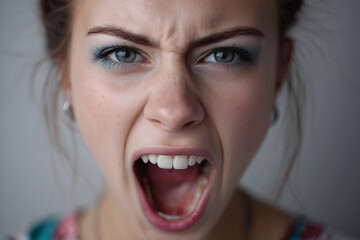 Young woman with piercing blue eyes and long brown hair expresses intense emotion, screaming in a neutral setting, showcasing a moment of rawness and vulnerability