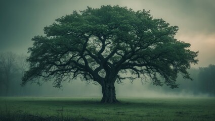 A tree that is always green shown in a natural landscape.