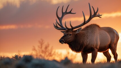 Fototapeta premium A bull Tule elk with full antlers at sunrise.