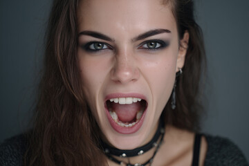 Expressive young woman passionately shouting with intense facial expression and striking makeup under dramatic lighting in a studio setting