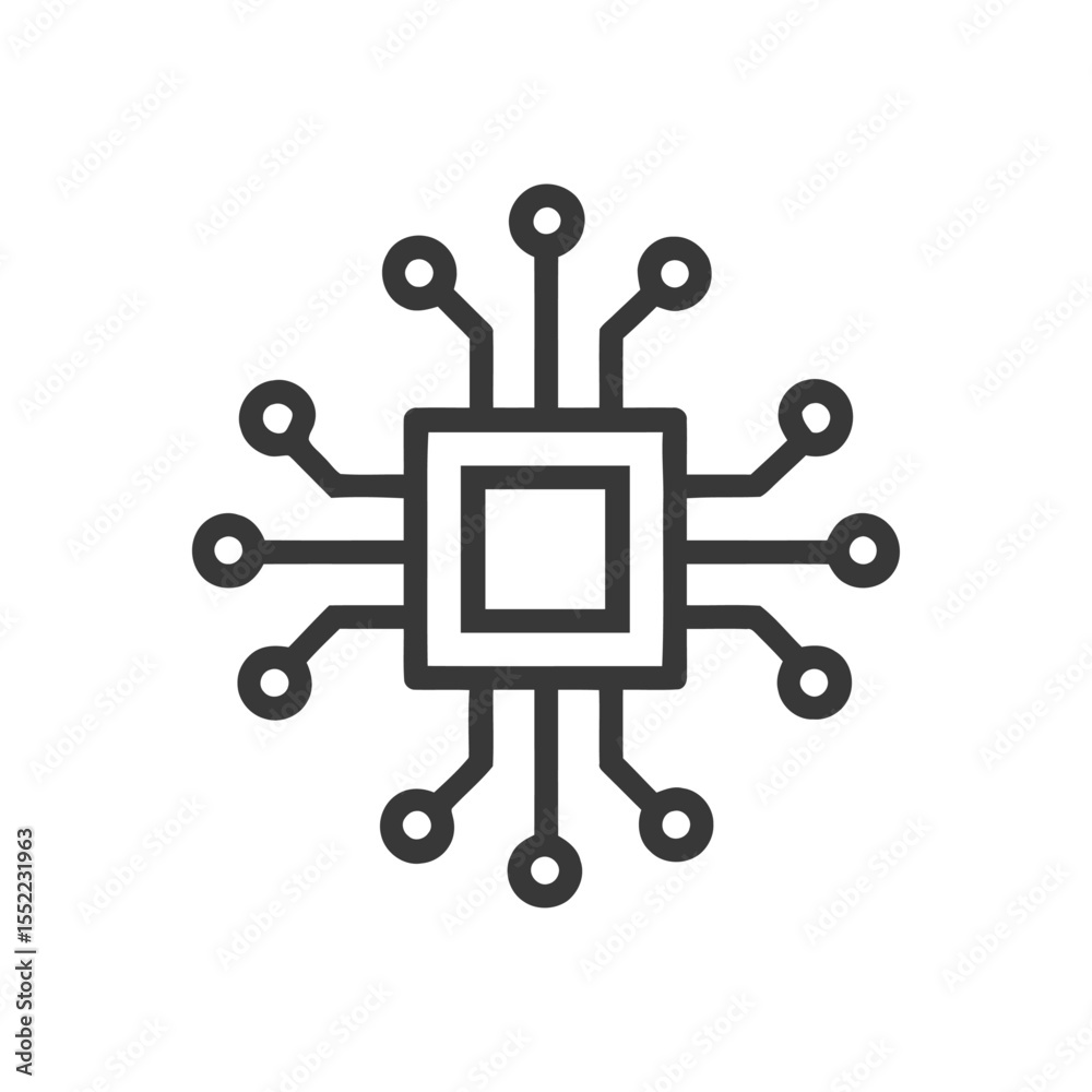 Poster minimalist microchip icon: square core with circular nodes and connector lines