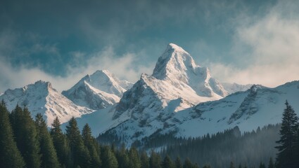 Obraz premium The stunning snow-covered mountain peaks surrounded by dense green pine forest in the national park with empty space for text