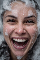 Joyful woman laughs with bubbles around her face, showcasing a carefree moment of happiness in a playful setting