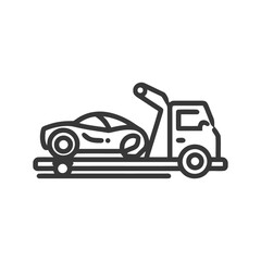 Minimalist Tow Truck Icon: Car on Flatbed, Black Outline