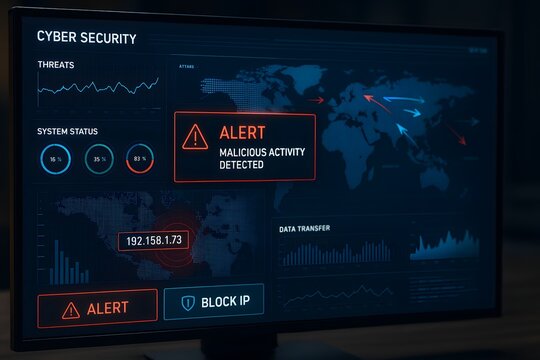 Cyber security alert on a computer screen showing malicious activity detected on a world map.