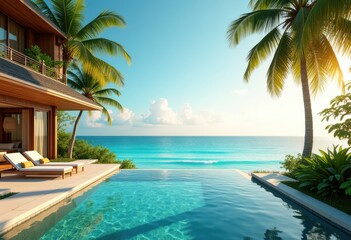 Fototapeta premium tropical resort villa infinity pool ocean view palm trees relaxation paradise escape, water, landscape, nature, sunset, luxury, retreat, holiday, beachfront, season