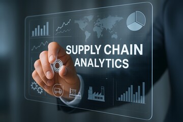 A man is interacting with a digital holographic display. Supply Chain Analytics, a forward-thinking concept visualized through transparent interface and futuristic technology.