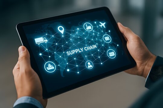 A person holds a tablet displaying a futuristic supply chain network, symbolizing global logistics and technological integration in a modern business environment.