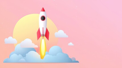 Colorful Cartoon Rocket Launching into the Pink Sky with Clouds and Sun in the Background Perfect for Creative Projects