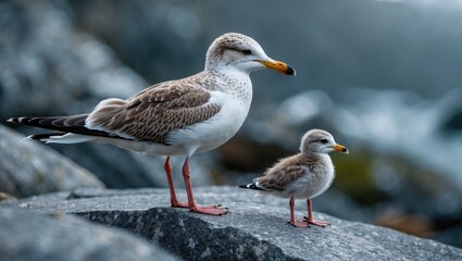 Obraz premium A beautiful seagull seabird of family Laridae young brown speckled newly hatched chick is standing on the bare granite rocks waiting for its mother.