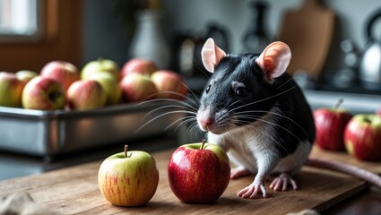 A black and white decorative rat sits on the kitchen table with ripe apples. Close-up. The rat is on a diet. Rat with an apple.
