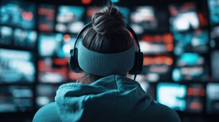 A young woman with a bun wearing headphones, deeply engaged in her work as screens glow around her, epitomizing concentration and the dynamic fusion of technology and creativity.