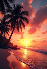 vibrant beach sunset silhouette stunning colors tropical palm tree serenity peaceful atmosphere, sky, clouds, landscape, water, reflection, dusk, evening