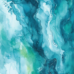 Abstract watercolor painting in shades of teal and blue with fluid artistic movement