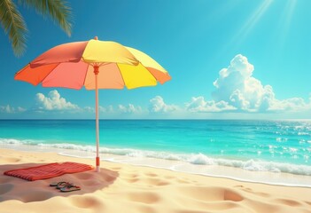 vibrant beach umbrella sunlit waves coastal scene bright ocean relaxation, sandy, sea, water, sky, sunset, shell, towel, driftwood, surf, surfboard, parasol