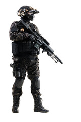 Military operative in tactical gear and night vision on white background