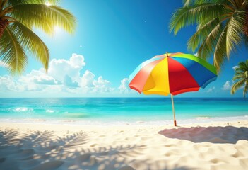 Fototapeta premium vibrant beach umbrella white sand tropical paradise sunbathing summer colors holiday relaxation scenic view, shoreline, vacation, summertime, sunny, coast