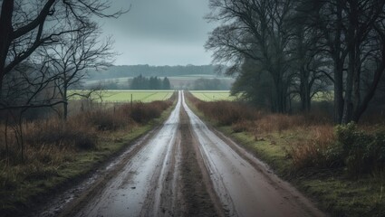 A view of a two-lane dirt path or road leading to fields or meadows with trees on both sides and some shrubbery seen during a hike, with empty space for text