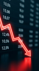 Fototapeta premium Red neon arrow pointing down against a dark background with blurred financial data, symbolizing market decline or economic downturn