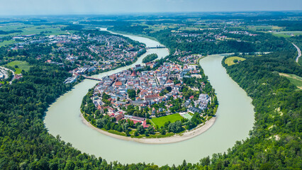 Wasserburg am Inn captured from above, uniquely nestled in a dramatic river bend. This Bavarian...