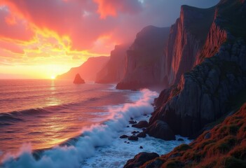 Obraz premium vibrant coastal cliffs sunset scenery dramatic seascape colorful horizon ocean wave light reflection, shore, landscape, beach, waves, dusk, sky, mountain, view