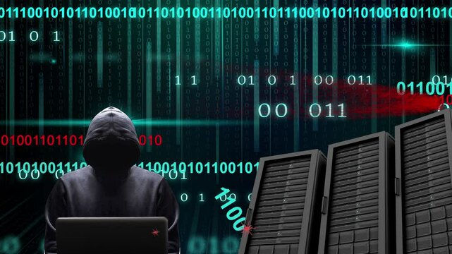 Vol anim&eacute; de donn&eacute;es binaires cyan puis rouge avec cybercriminel qui s'attaque aux serveurs