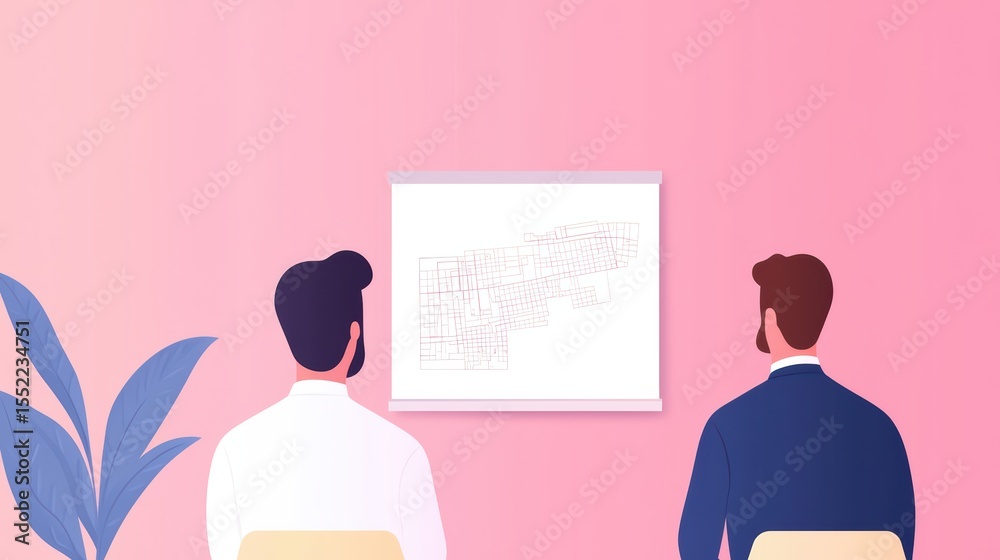 Poster two men observing a large abstract map display in a modern workspace setting with soft pink backgrou