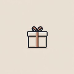 A gift box with a ribbon tied around it. The box is white and the ribbon is brown