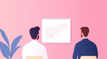 Fototapeta premium Two Men Observing a Large Abstract Map Display in a Modern Workspace Setting with Soft Pink Background