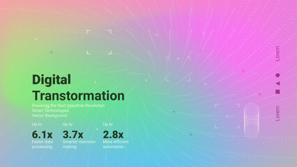Bright and colorful abstract background highlights the topic of digital transformation, showcasing advancements in data processing and automation technologies.