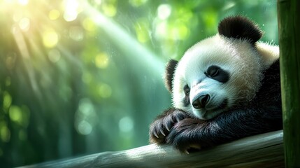 Obraz premium A cute panda resting peacefully in a lush green jungle, bathed in soft sunlight, evoking feelings of tranquility, grace, and harmony with nature.