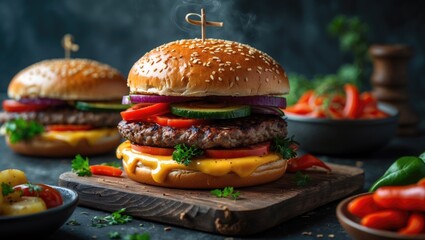 Fresh roasted cheeseburger made of meat and vegetables with barbecue sauce, with empty copy space for text.