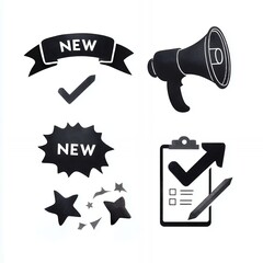 A black and white image of a microphone with a banner that says "New" above it. The banner is black