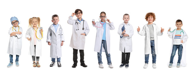 Cute children pretending to be doctor on white background, collage of photos