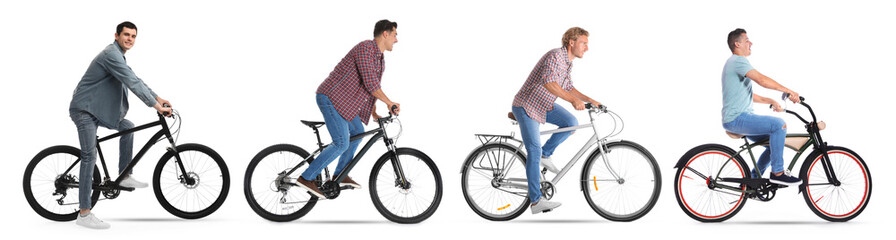 Men riding bicycle on white background, collage of photos
