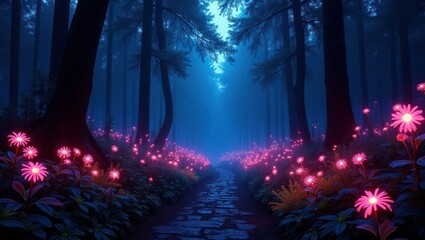 Fototapeta premium Glowing Pink Flowers Dark Blue Forest Path glowing flowers 3