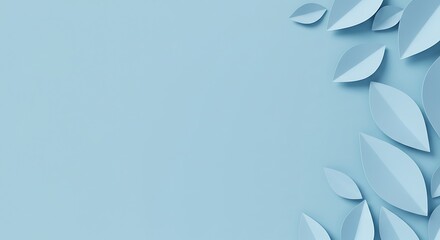 Artistic pale blue background adorned with paper cut leaves creating a tranquil and minimalist nature inspired design.