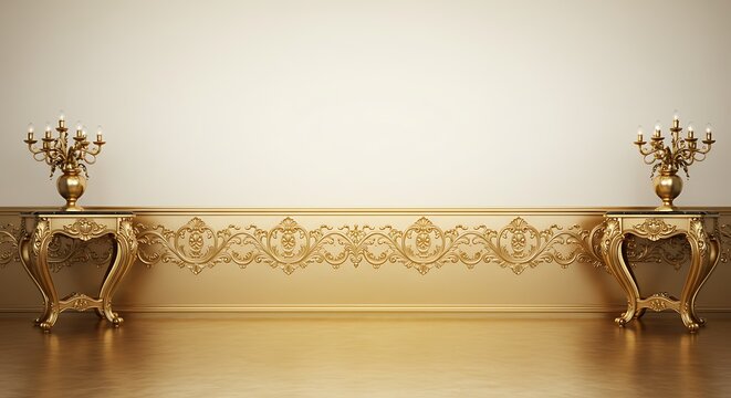 Fototapeta Elegant interior design features luxurious golden consoles and elaborate wall ornamentation creating a regal ambience