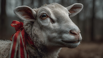 Fototapeta premium White sheep with ribbon for the Eid Al Adha sacrifice holiday