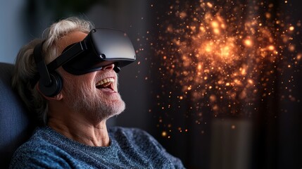 An elderly man wearing VR goggles enthusiastically smiles while immersed in a virtual reality experience, showcasing the excitement of new technology across generations.