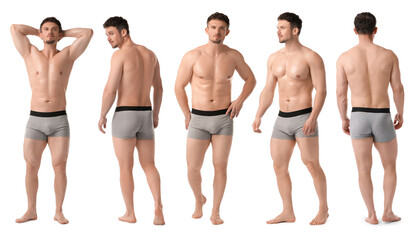 Handsome man in grey underwear on white background, collage. View from different sides