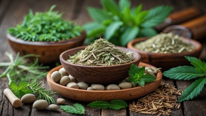 Alternative Medicine Herbal with dried herbs, leaves, and natural ingredients displayed in wooden bowls and surrounded by fresh plants.