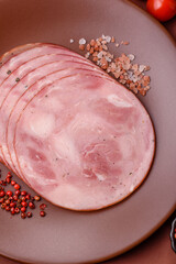 Sliced ham, meat, pork or turkey sausage for sandwiches. Ham slices, food