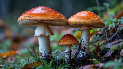 Fototapeta premium Amanita muscaria, also known as the fly agaric, is a distinctive mushroom species with red cap and white stalk.