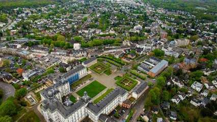 A panoramic aerial view around the old town in the city Bensberg, Bergisch Gladbach, Germany on a...