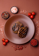 Grilled beef steak meat with salt and pepper. Beef steak grilled on a barbecue